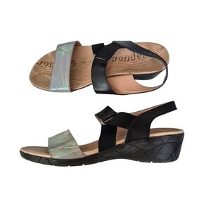 Wonders Leather Strappy Sandals Low Wedge Black & Iridescent